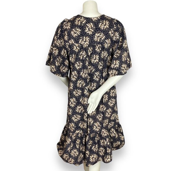 Handmade Muumuu Dress Leafy Floral Print Button-Up Ruffle Hem Purple Cream Women - Picture 2 of 11